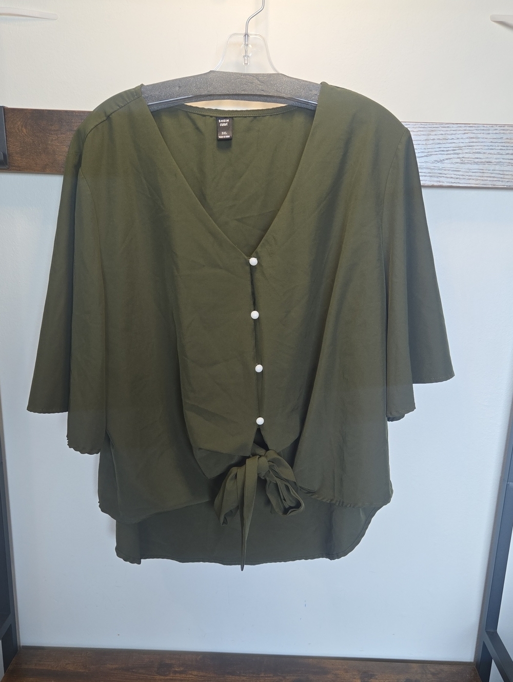 Olive Green Tie-Front V-Neck Blouse